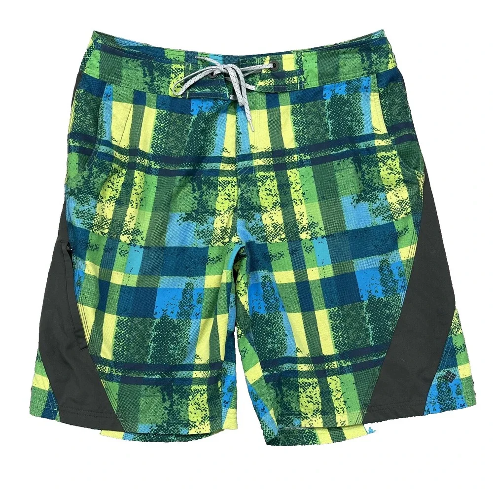 Columbia Board Shorts Men's 36 Print Blue Swim Trunks Surf 90s Plaid Omni Shield